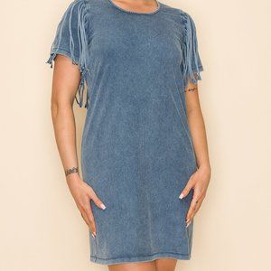 NWT W.A.Y Wonderful And Young Light Denim Sheath Dress With Denim Fringe